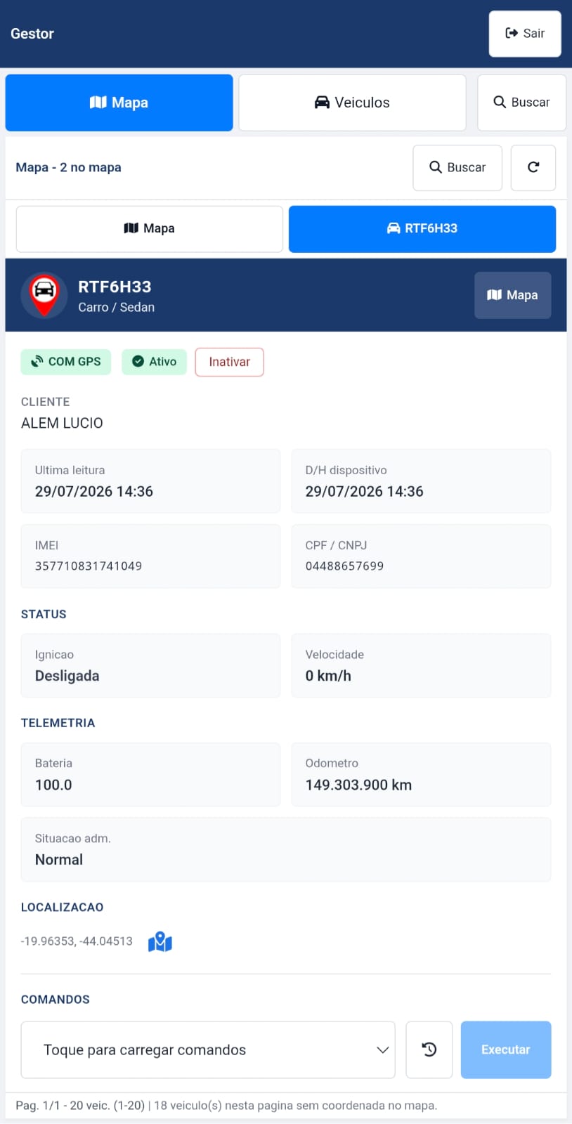 Detalhes do veículo no app Gestor: status, telemetria, localização e comandos