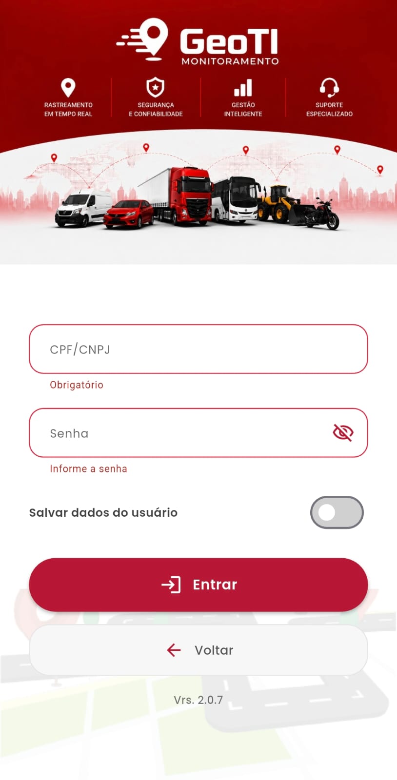 Tela de login do app GeoTI Cliente com CPF/CNPJ e senha
