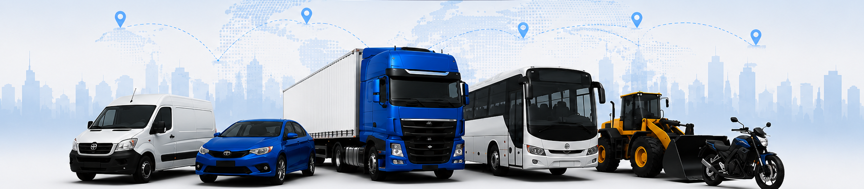 Frota monitorada pela GeoTI: van, carro, caminhão, ônibus, máquina e moto