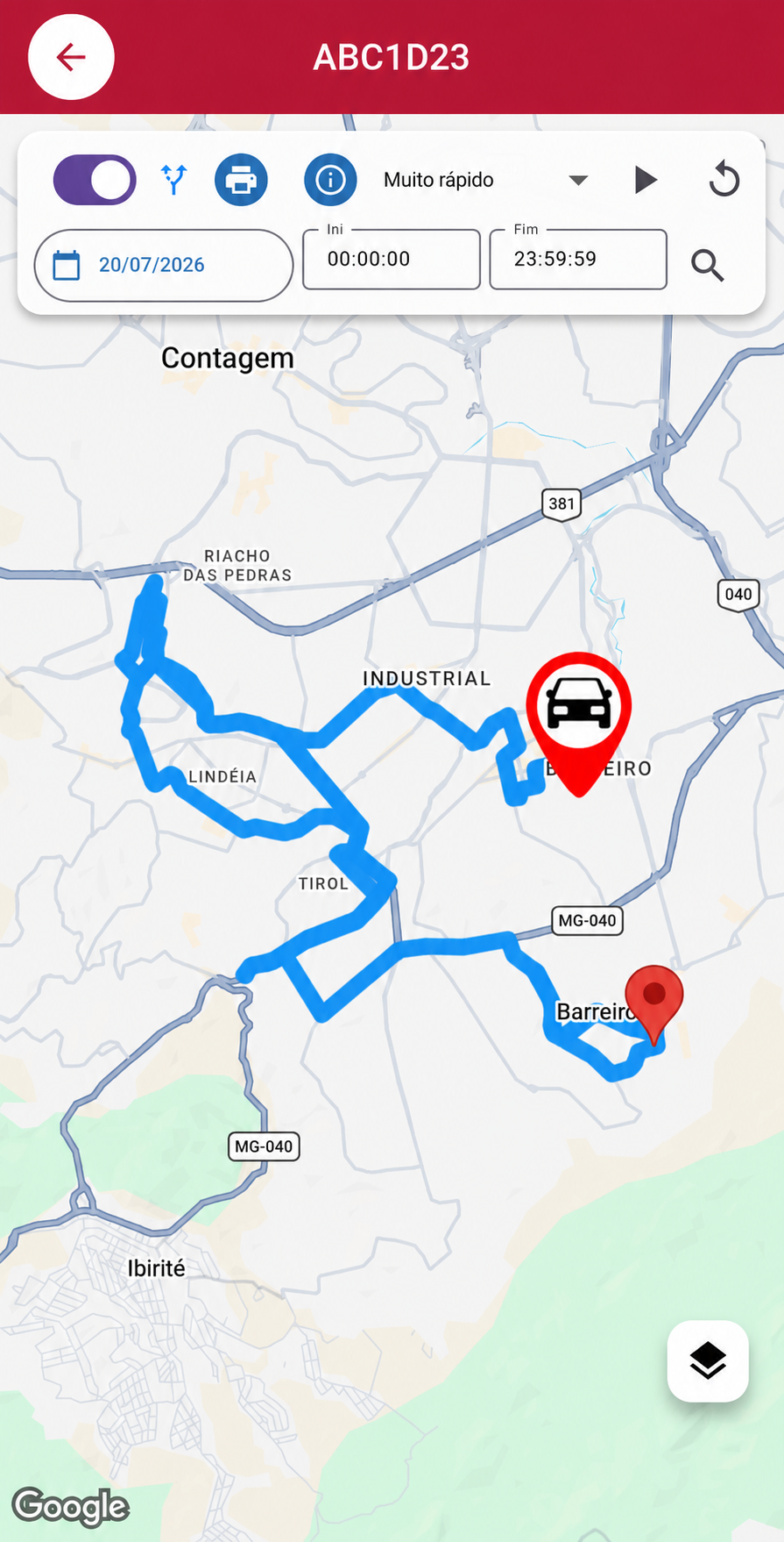 Mapa do app Cliente com o trajeto percorrido pelo veículo