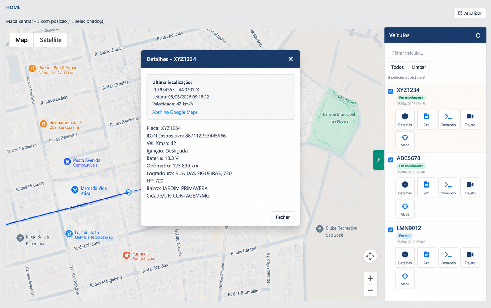 Tela do Cliente Web com janela de detalhes do veículo sobre o mapa central